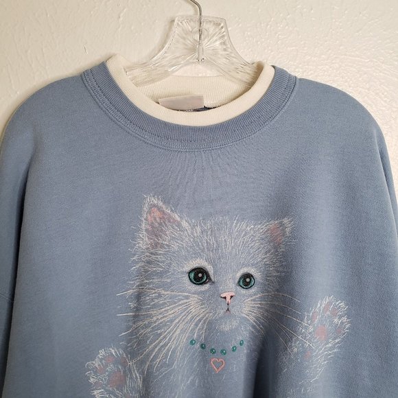 Vintage Sparkly Cat Graphic Sweater Baby Blue White Trim Pull Over Sweatshirt XL - Picture 3 of 12